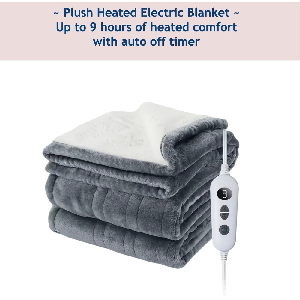 Heated Electric Blanket Throw 9 Heat Settings Auto Off 350gsm Plush Flannel Gray